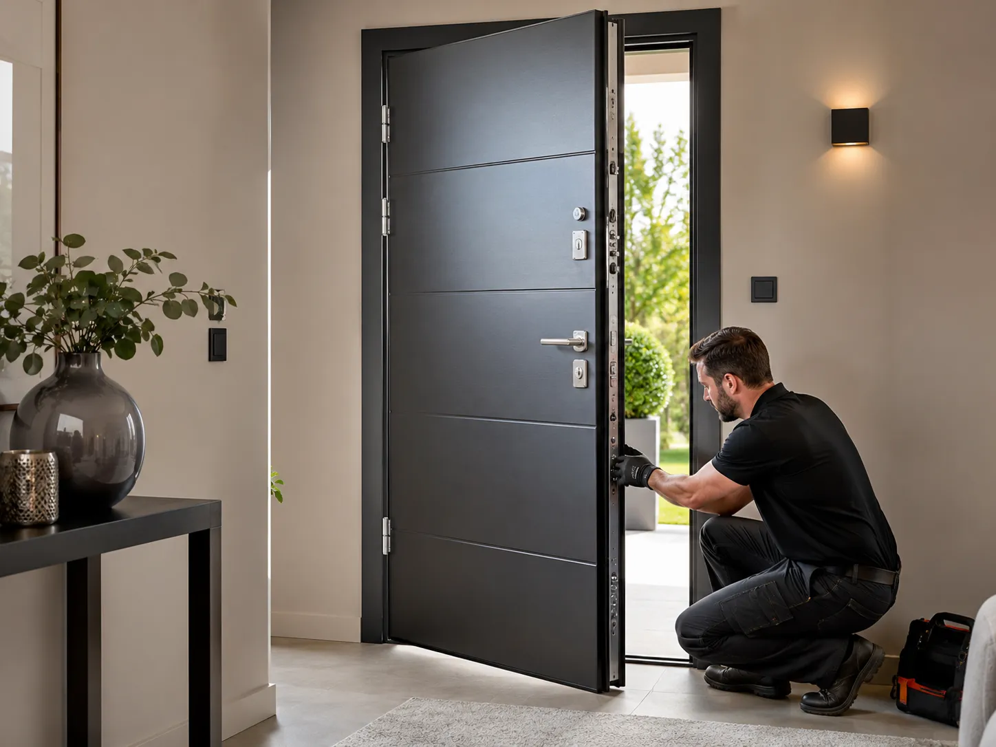 Técnico a ajustar uma porta blindada num hall residencial.